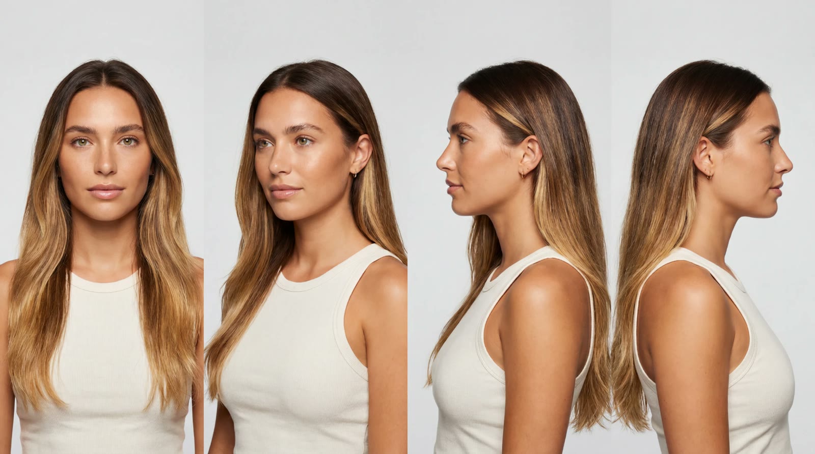 Gloss Theory — editorial model locked across four angles