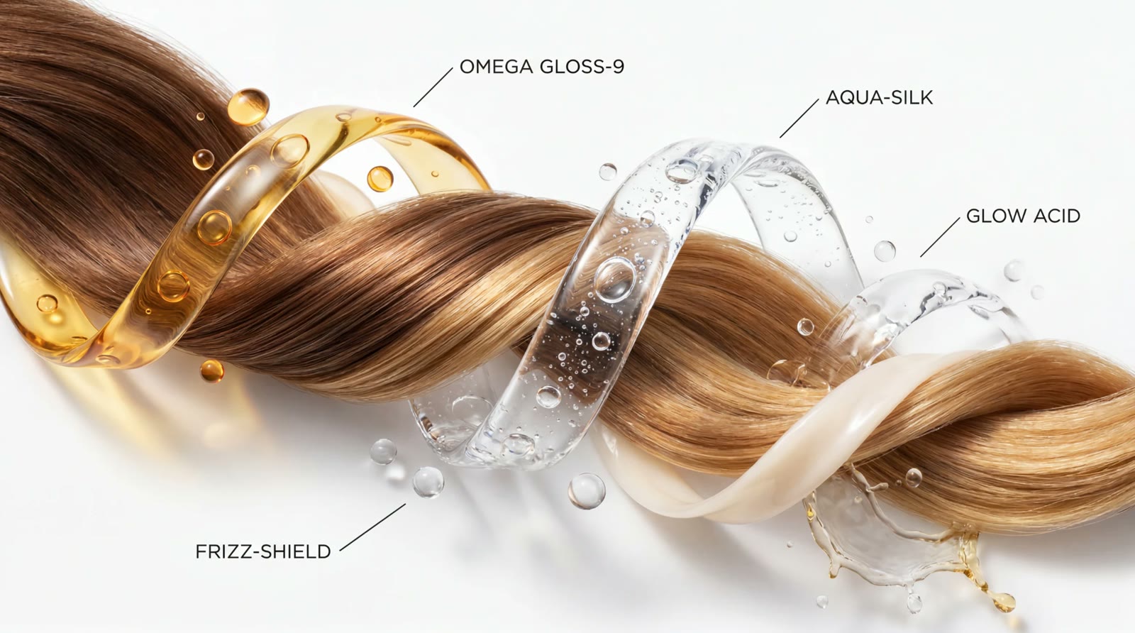 Gloss Theory — active ingredients rendered as glass ribbons around a hair strand